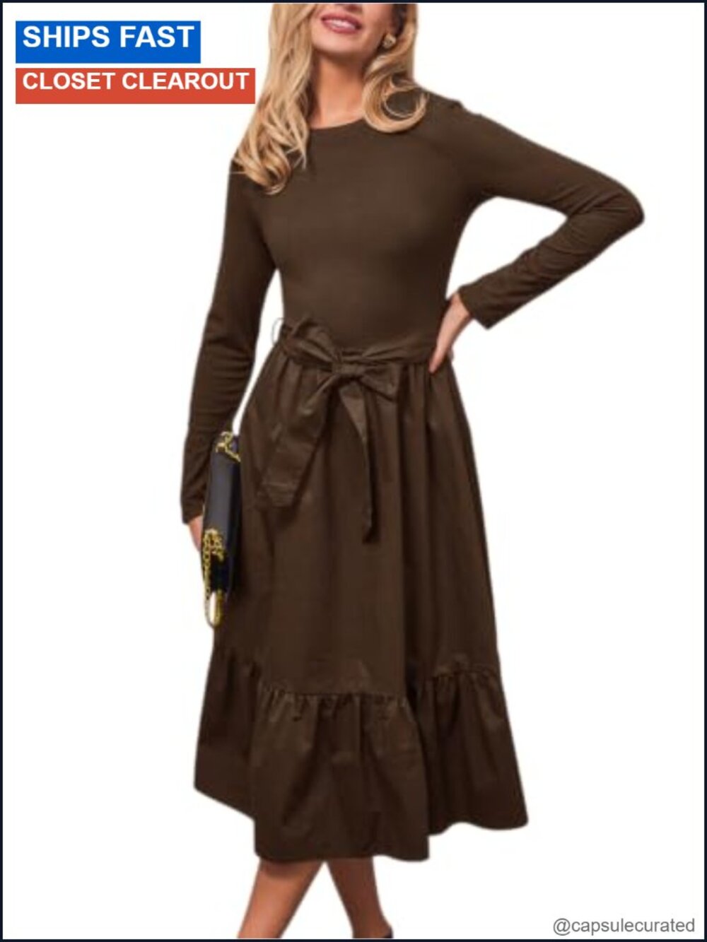 Knit Top Midi Dress Long Sleeve Ruffle Hem Bow Waist Cocktail Party